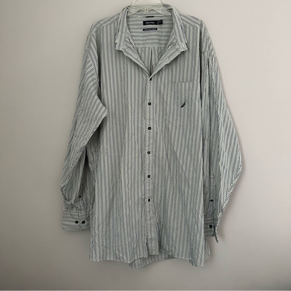 Nautica Cotton gray green striped shirt button down for men - Picture 1 of 5